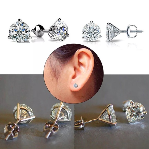 0.84-2Ct Round Cut Simulated Diamonds Back Silver Earrings Studs - Picture 13 of 17